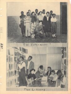 Group photograph labled "The Sophomores" over a picture of a group of students reading at a table in a library with two male students looking at books on a bookshelf, captioned "The Library"