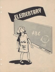 Graphic of a young girl standing in front of a chalkboard with "ABC" "CAT" and a smily face on it under the header "Elementary"