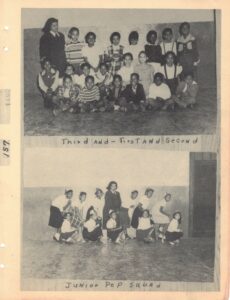 Group photo of young elementary students above group photograph of young girls with captions