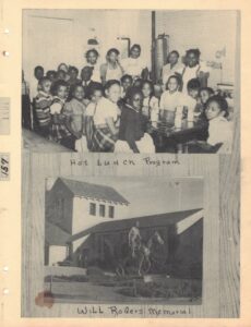 Image of a group of children around lunchroom table above image of man on horse statue in front of building with captions