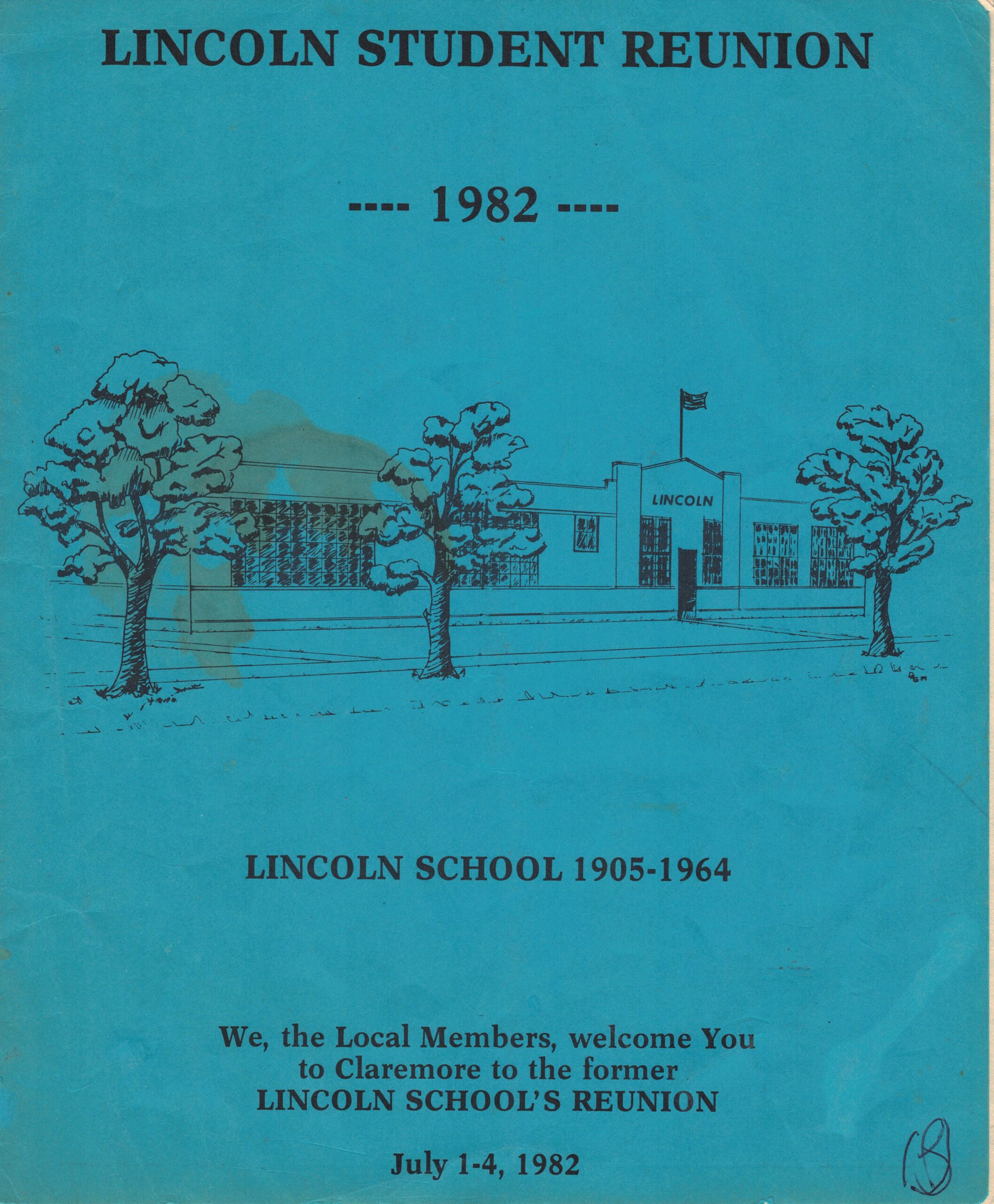 Blue paper front page of the 1982 Lincoln Student Reunion with line ink drawing of Lincoln School building with trees.