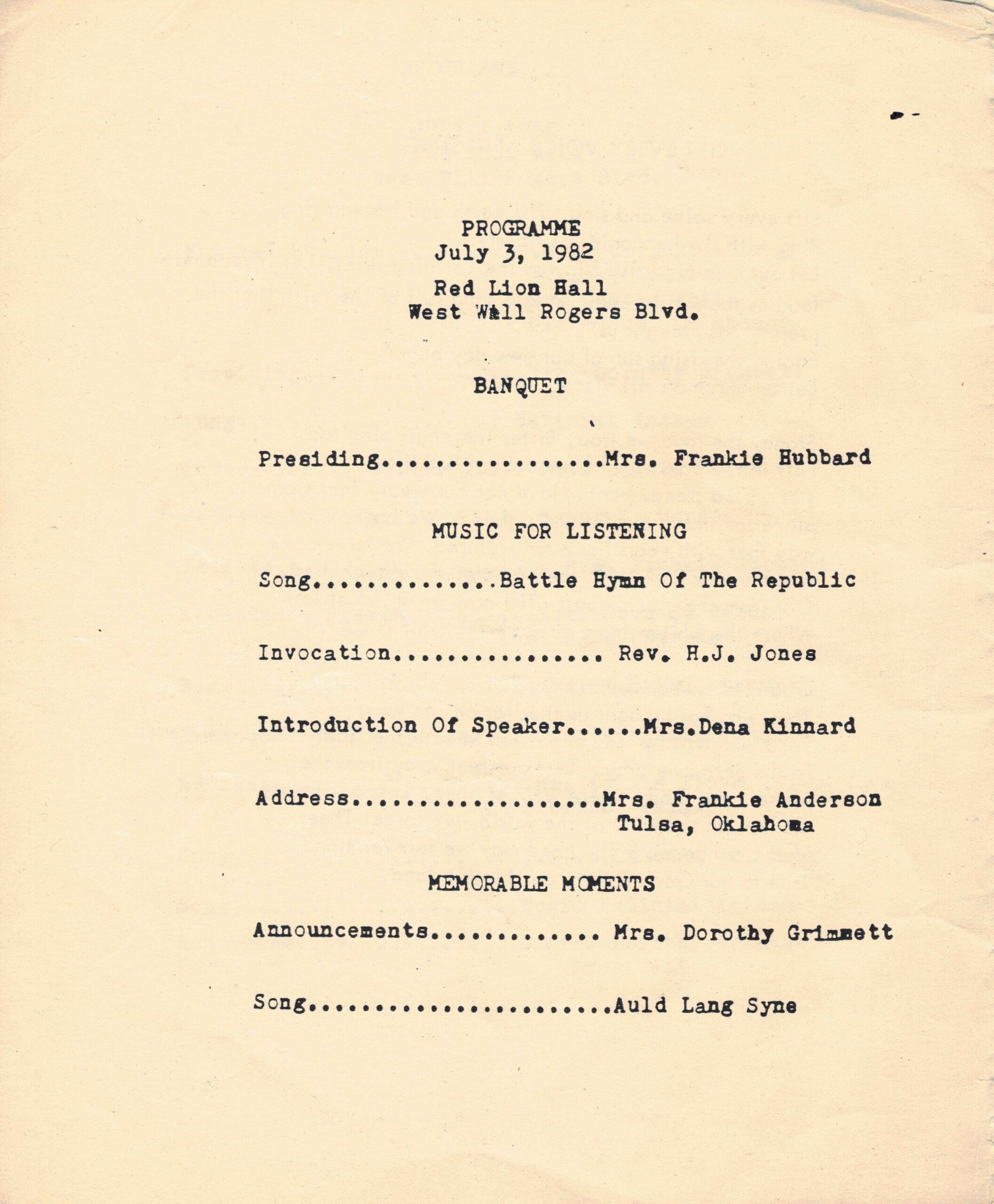 July 3 Programme for 1982 Lincoln student reunion.