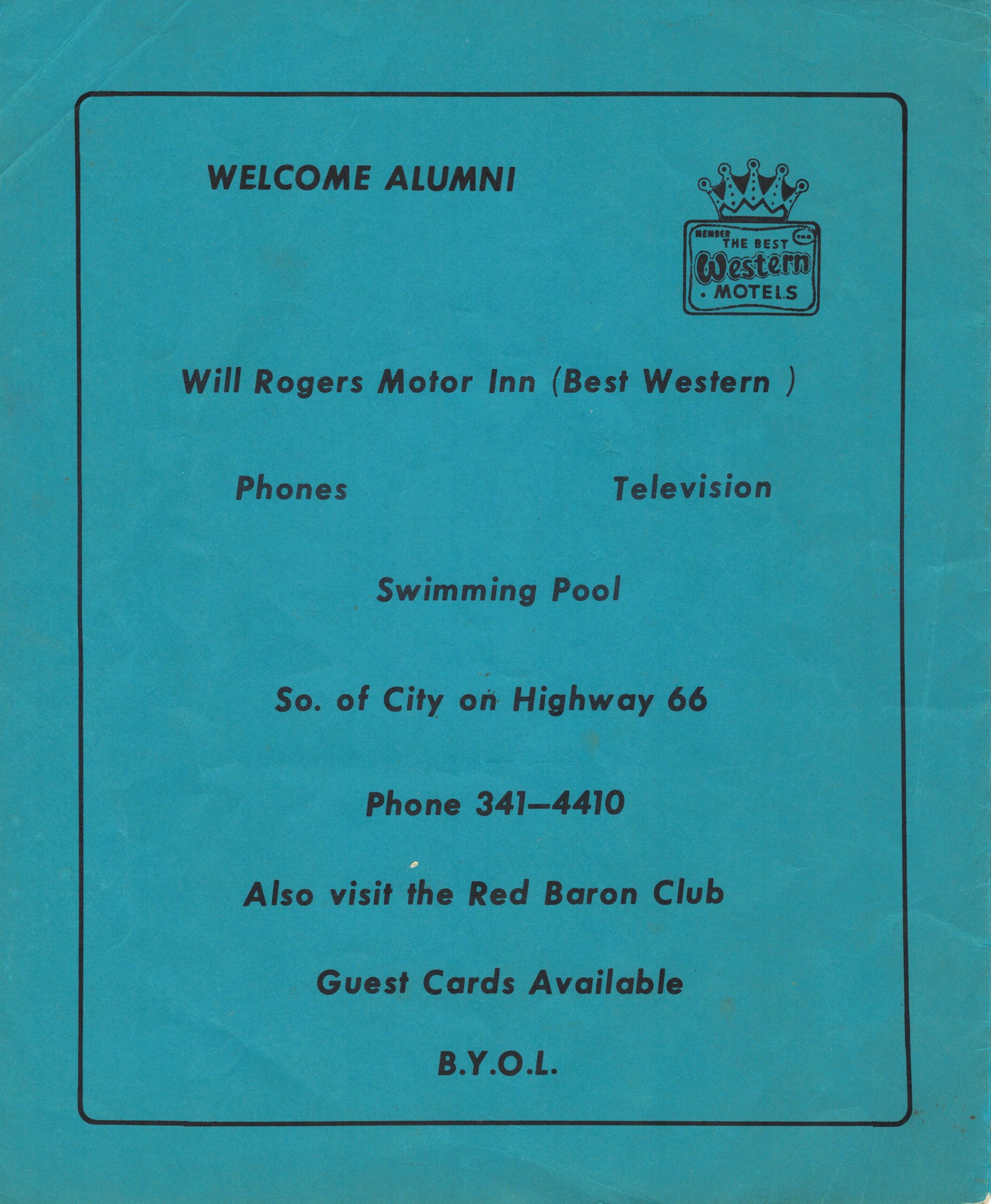 Back cover of 1982 Lincoln student reunion pamphlet with motel ad