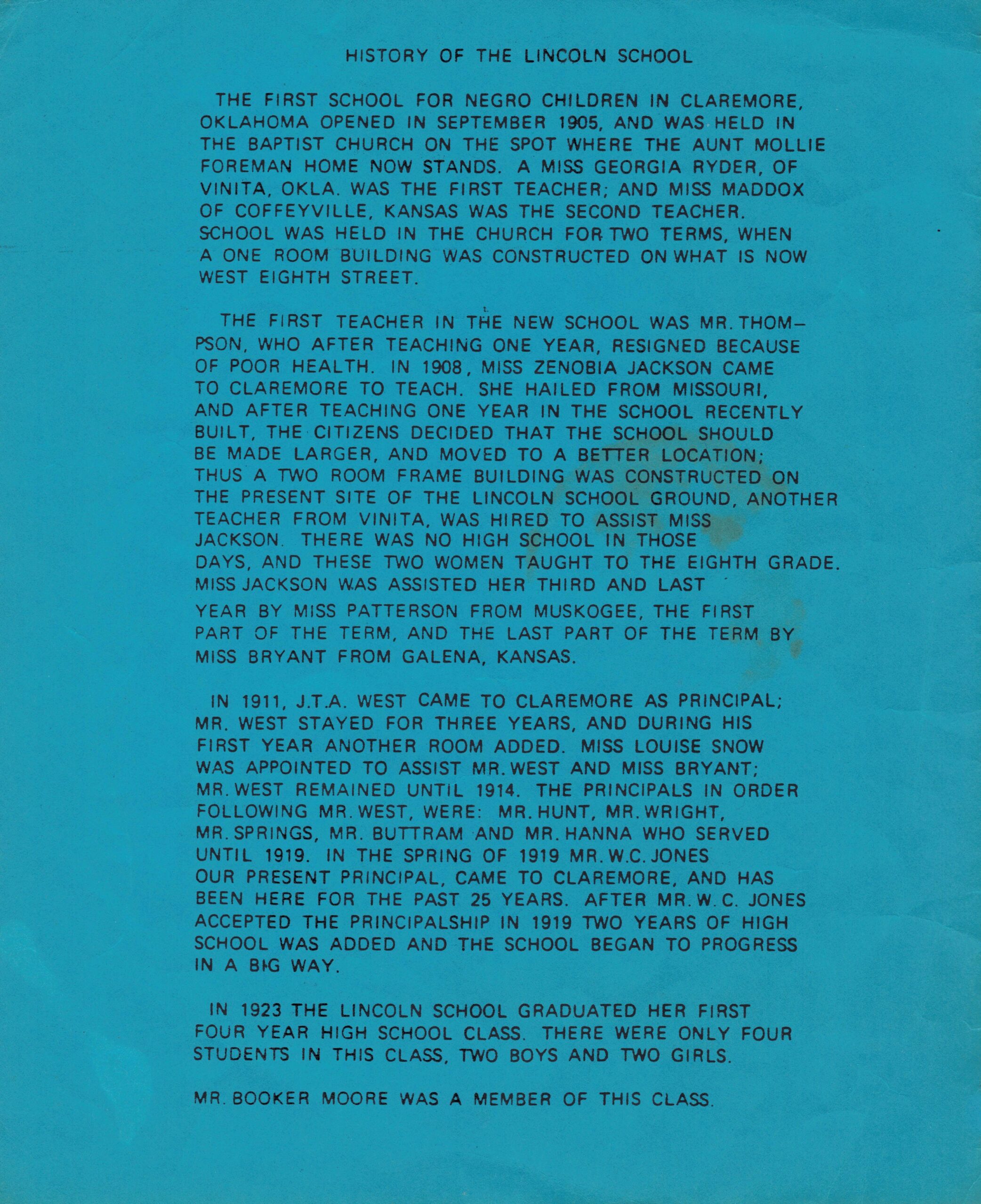 Blue inside cover of 1982 Lincoln Student Reunion program with text.