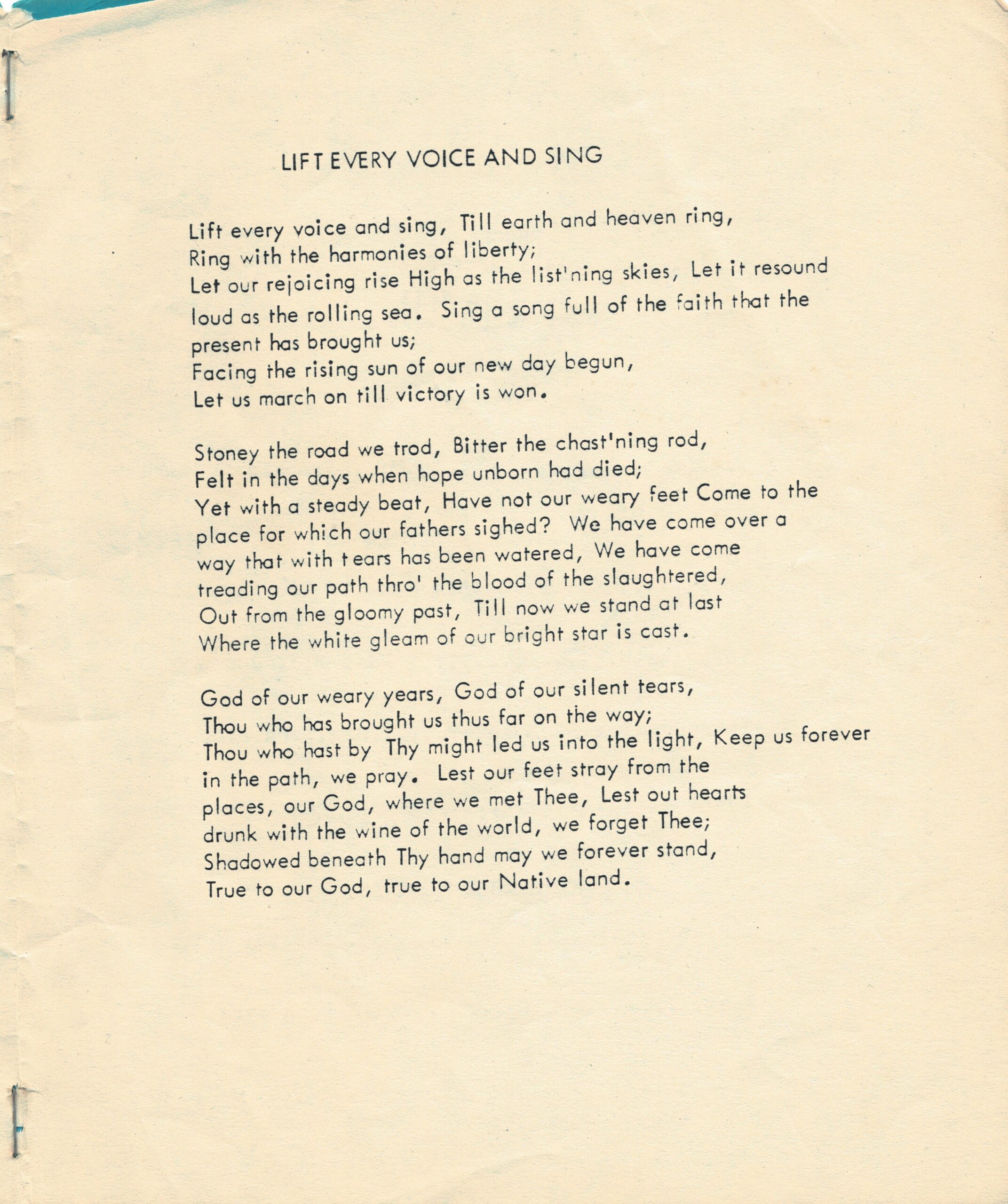 Page of lyrics from 1982 Lincoln student reunion