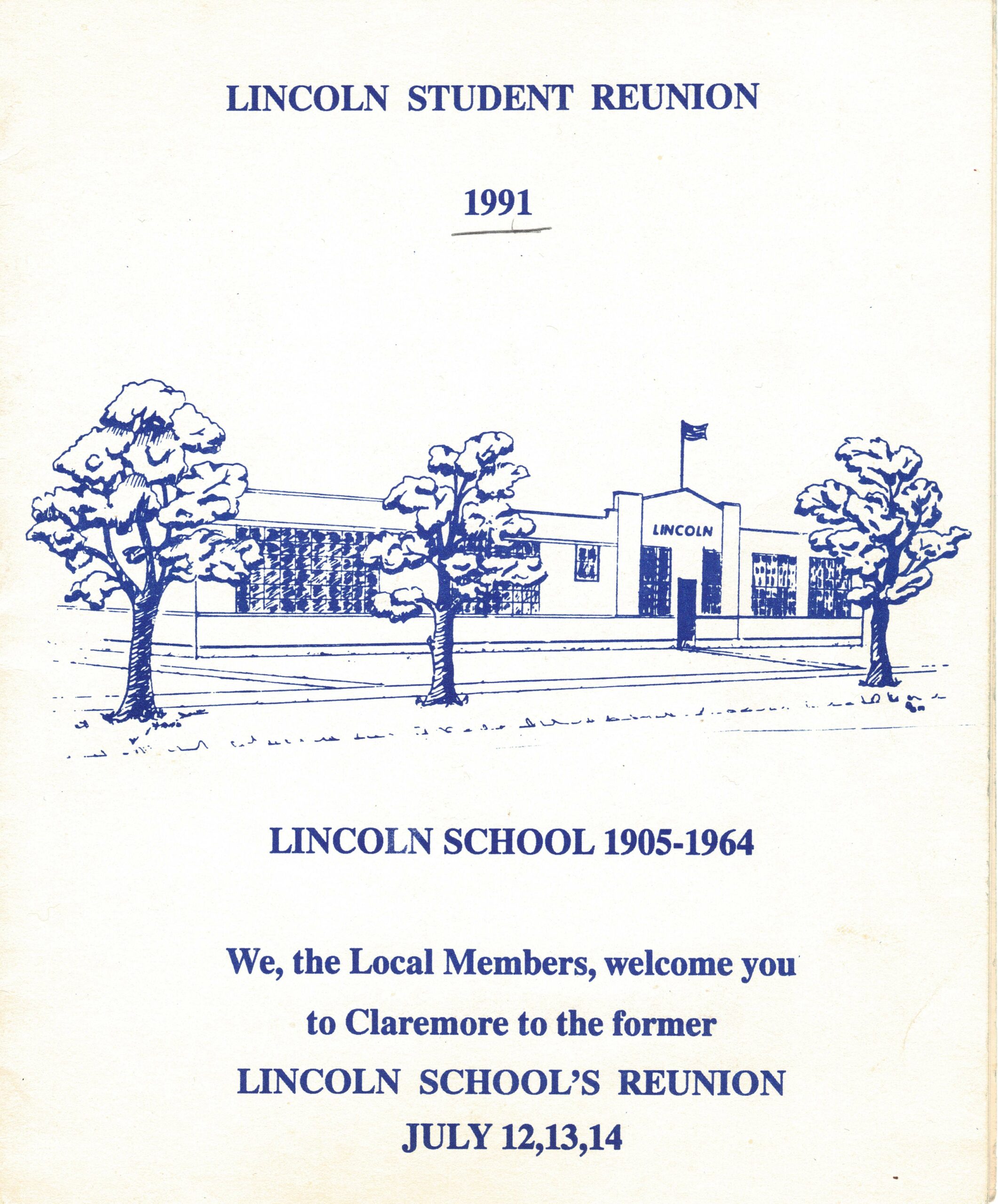Front page of the 1991 Lincoln student reunion pamphlet with details and blue ink drawing of Lincoln school building with trees.