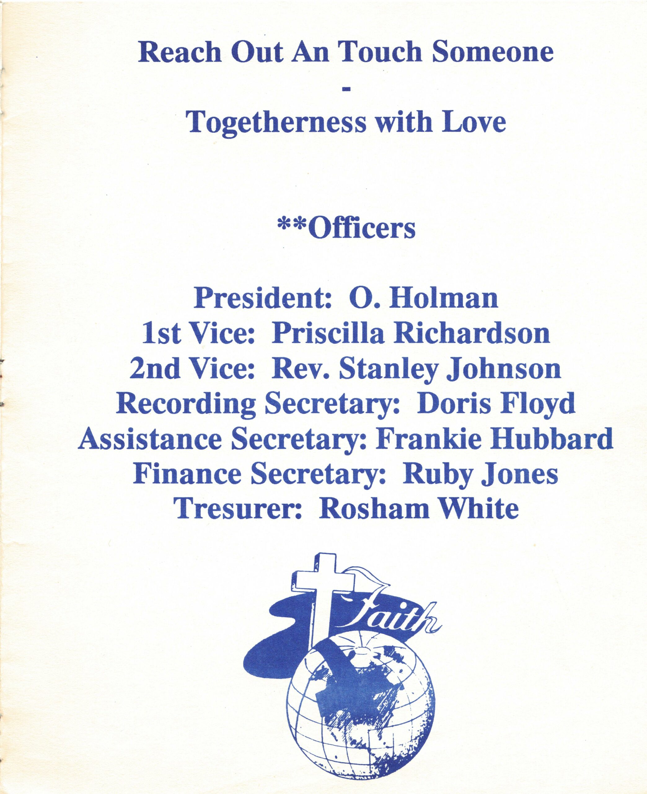 Back inside cover of 1991 Lincoln studend reunion pamphlet detailing reunion theme & officers.