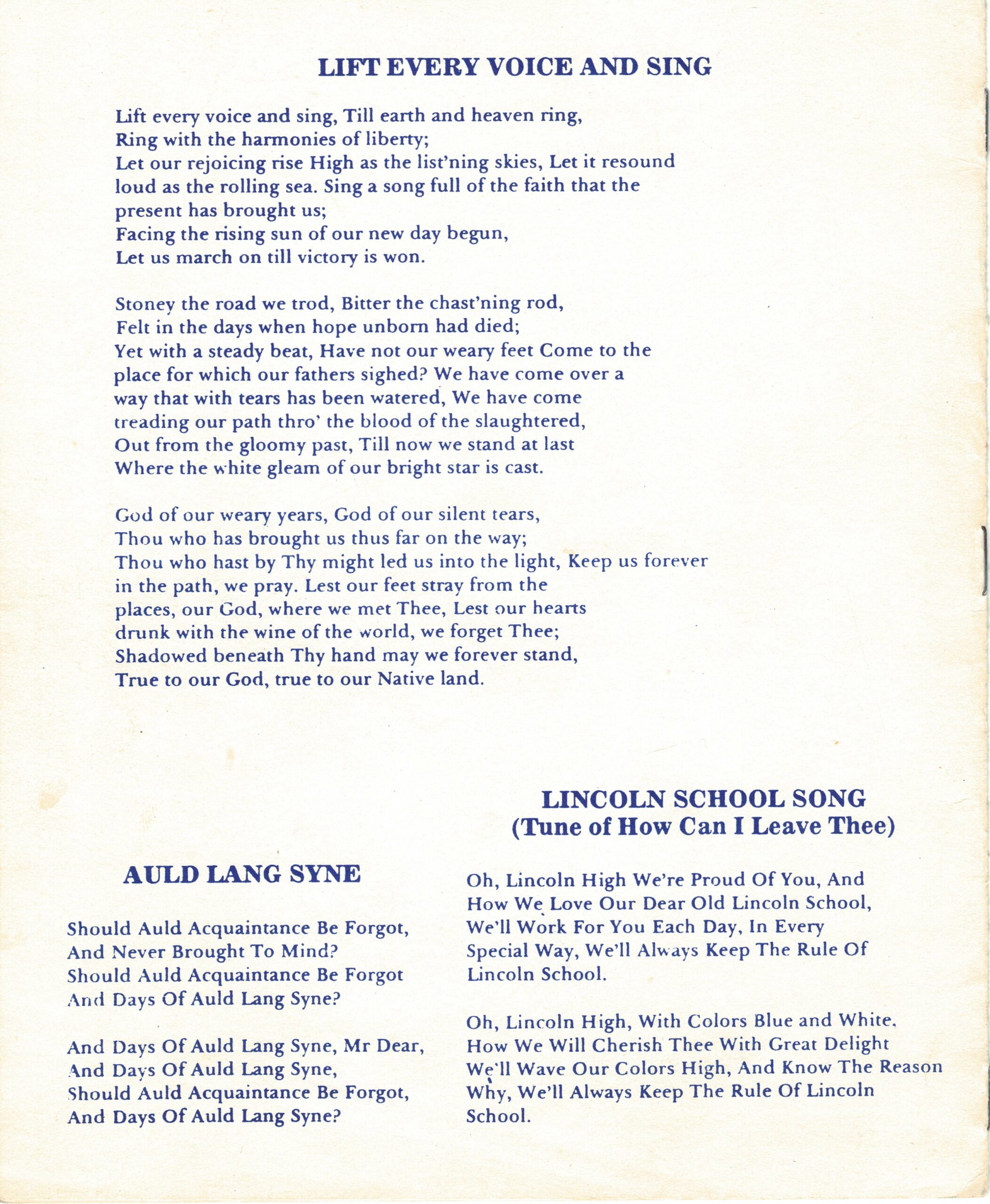 Back cover of 1991 Lincoln student reunion pamphlet featuring song lyrics.