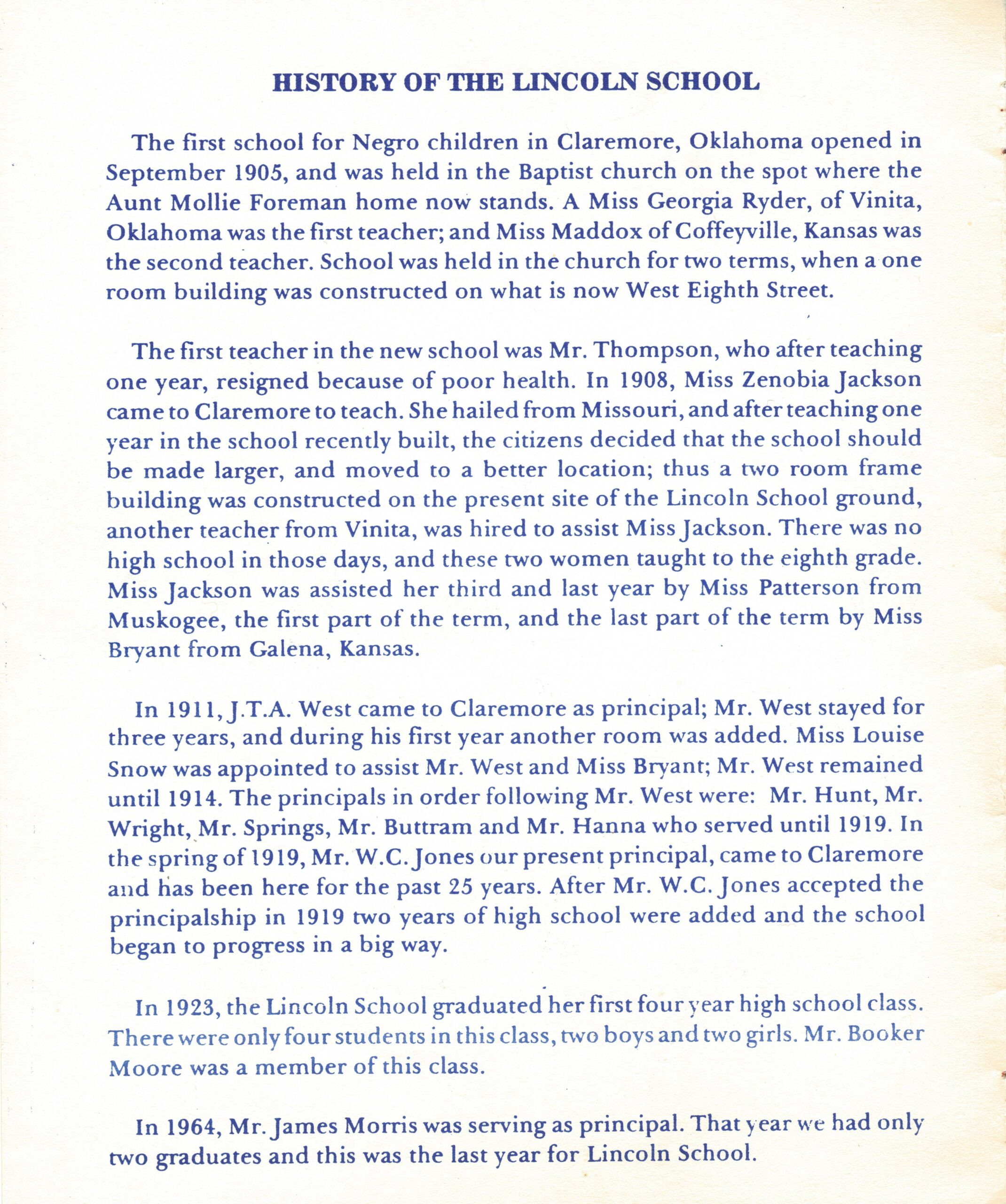 Inside cover of the 1991 Lincoln student reunion detailing school history