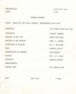 First page of 1991 Lincoln student reunion pamphlet with program text