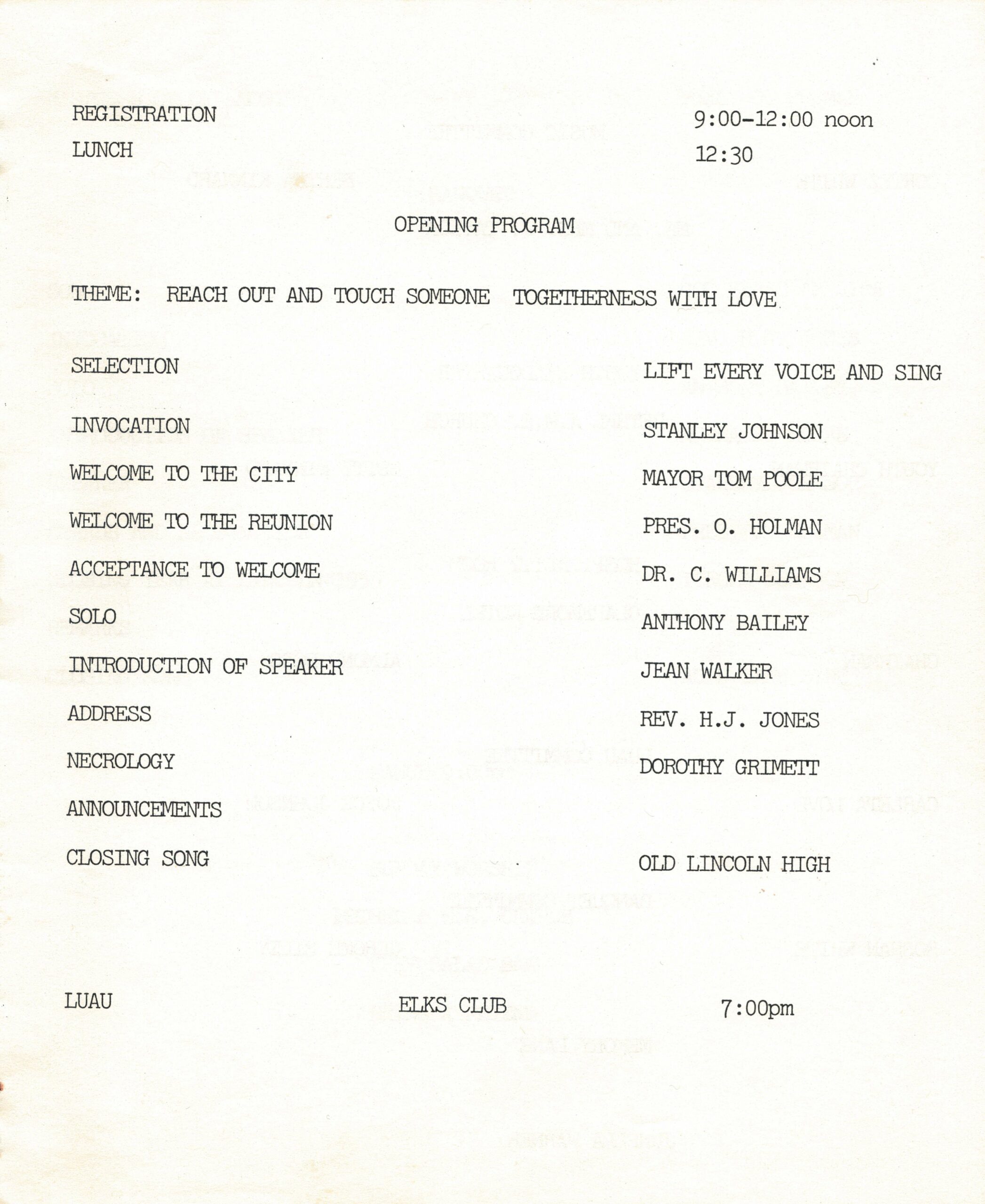 First page of 1991 Lincoln student reunion pamphlet with program text