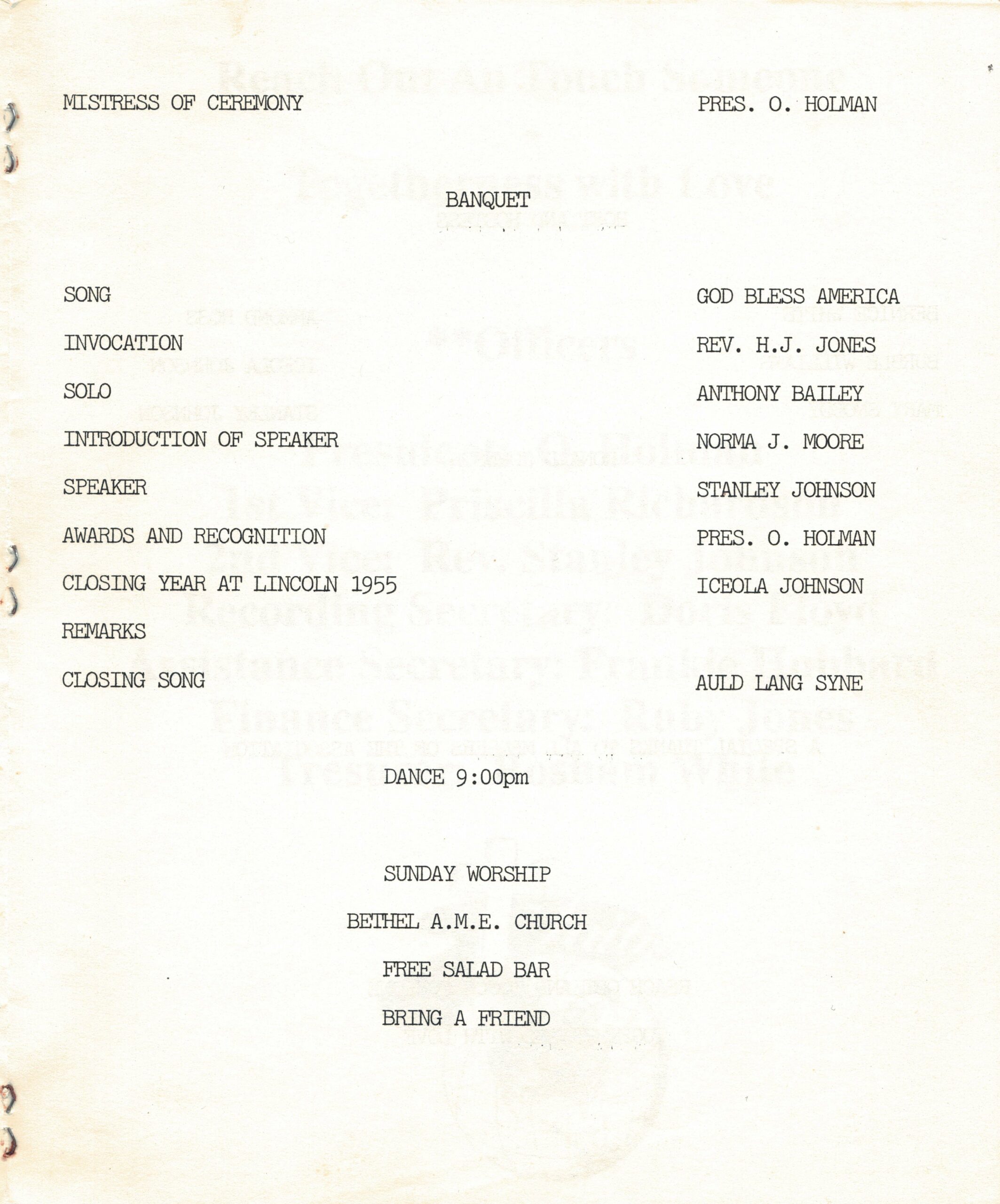 Third page of the 1991 Lincoln student reunion pamphlet detailing banquet order of events.