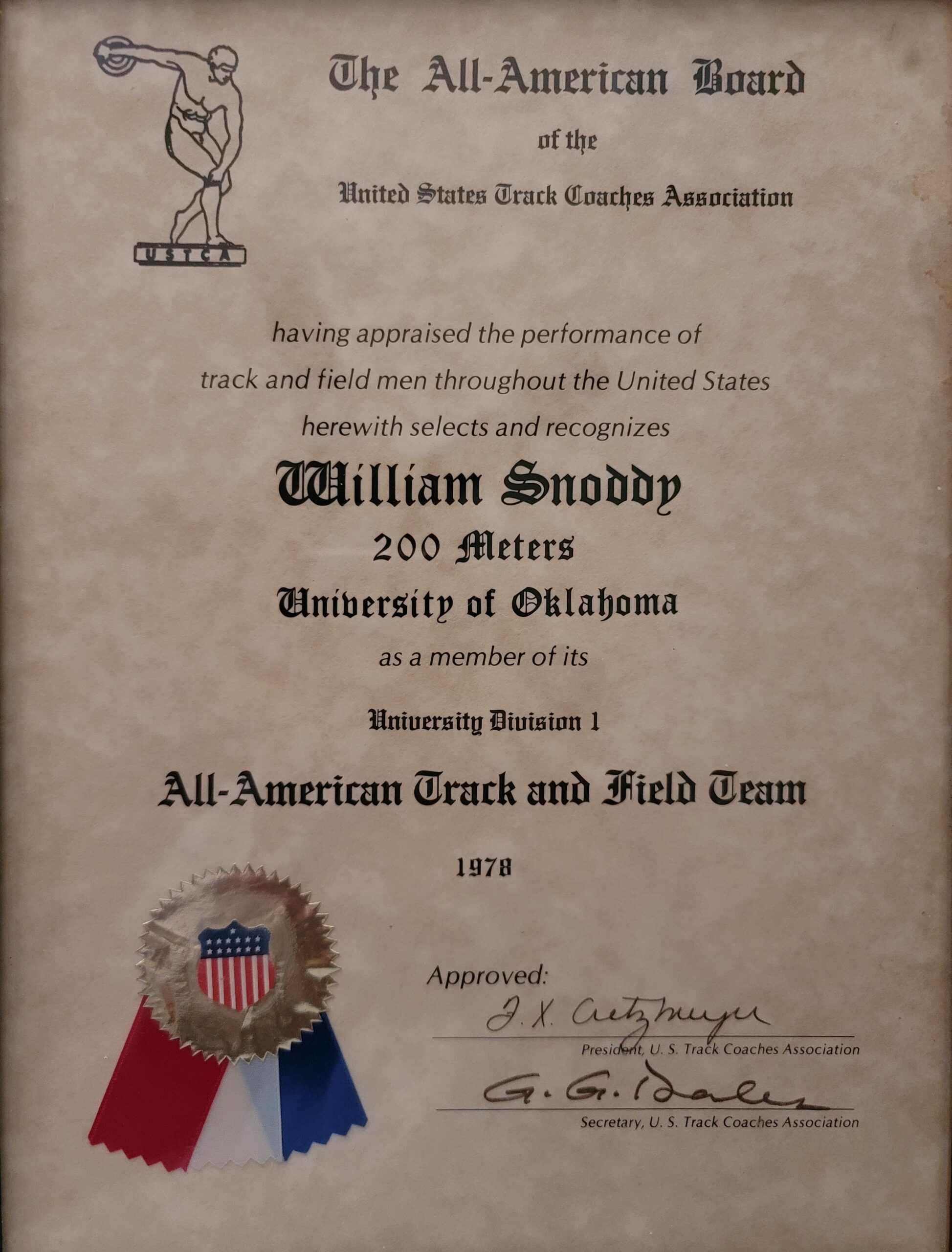 William Snoddy 1978 200 Metres award