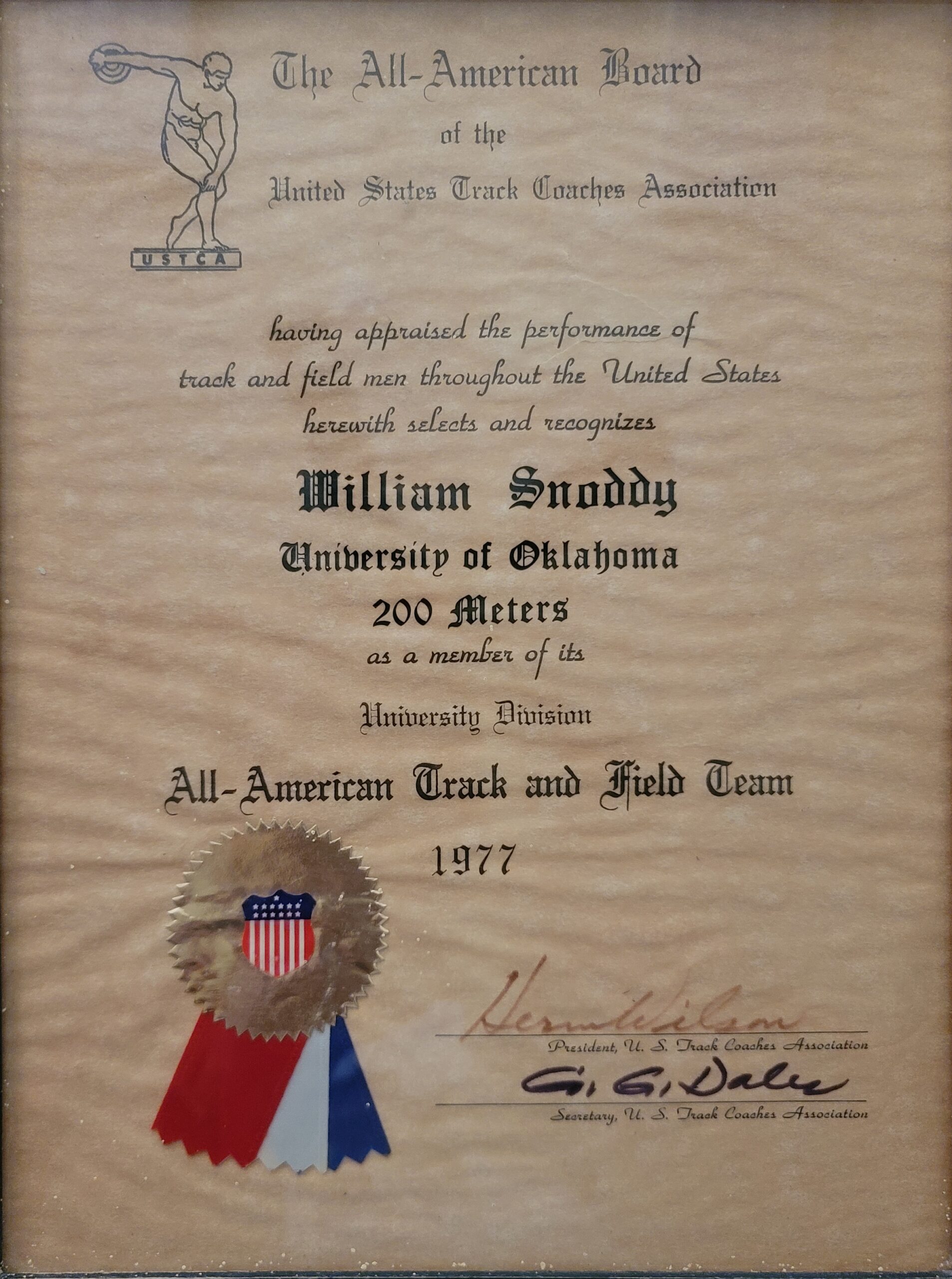 William Snoddy 1977 200 metre award
