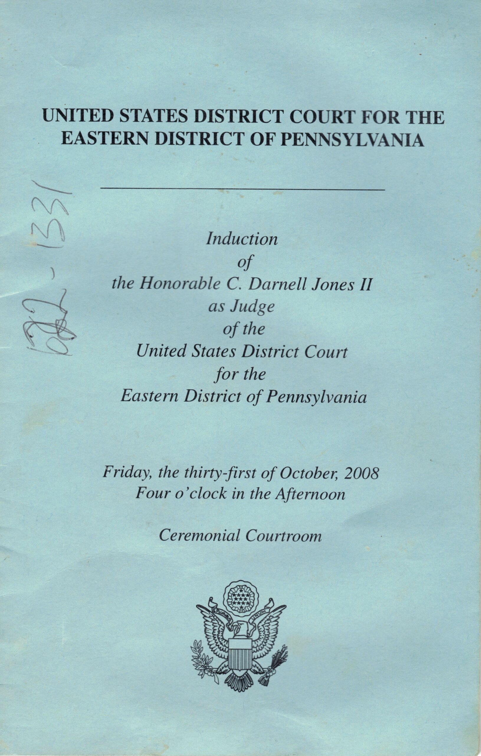 Front cover of the program pamphlet for the induction of Judge Darnell Jones to the Eastern District Court of Pennsylvania.