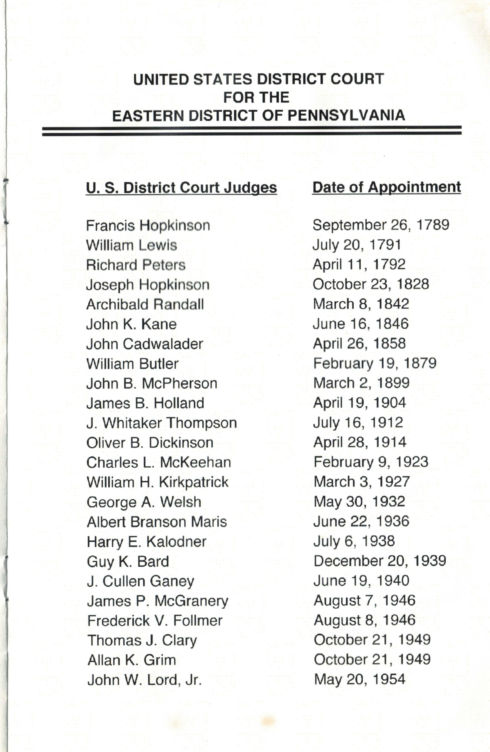 Eleventh page of the Jones program pamphlet with list of U.S. District Court judges and dates of appointment.
