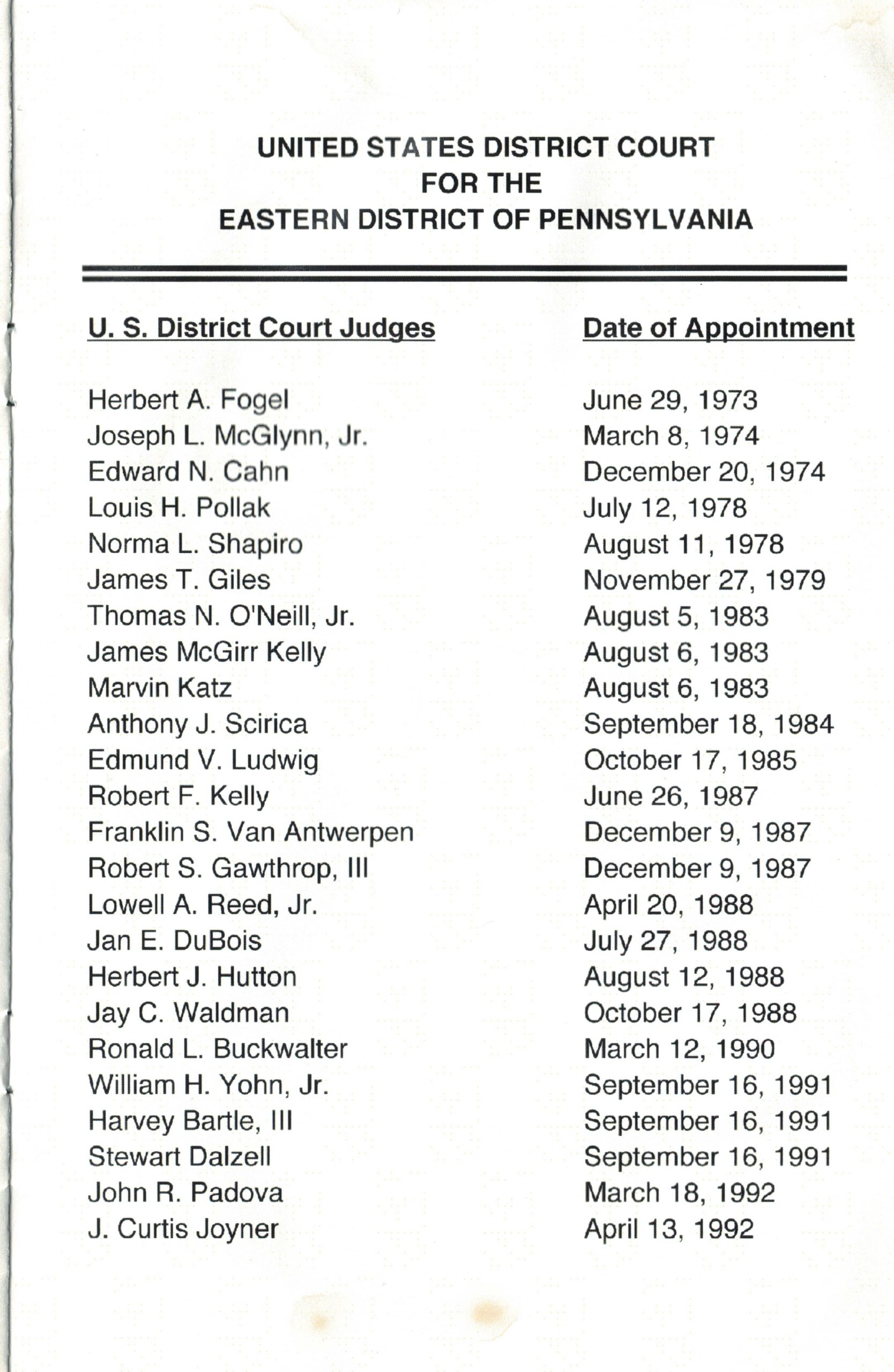 Thirteenth page of the Jones program pamphlet with third page of U.S. District Court judges and dates of appointment.