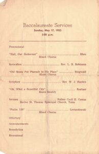 Second page of the 1953 Lincoln commencement detailing the order of events for baccalaureate services.