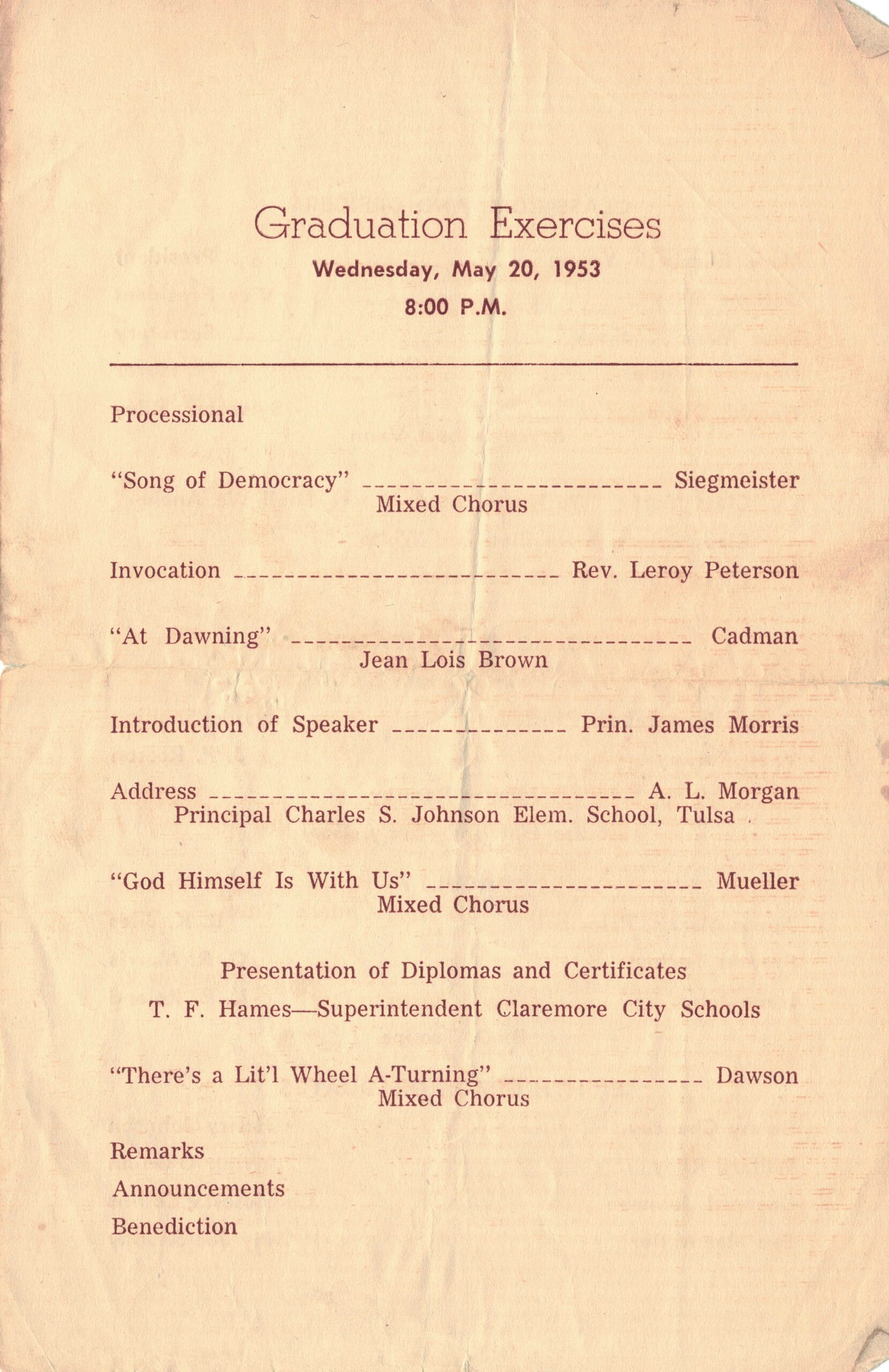 Third page of the 1953 Lincoln commmencement program detailing the order of events for the graduation exercises.