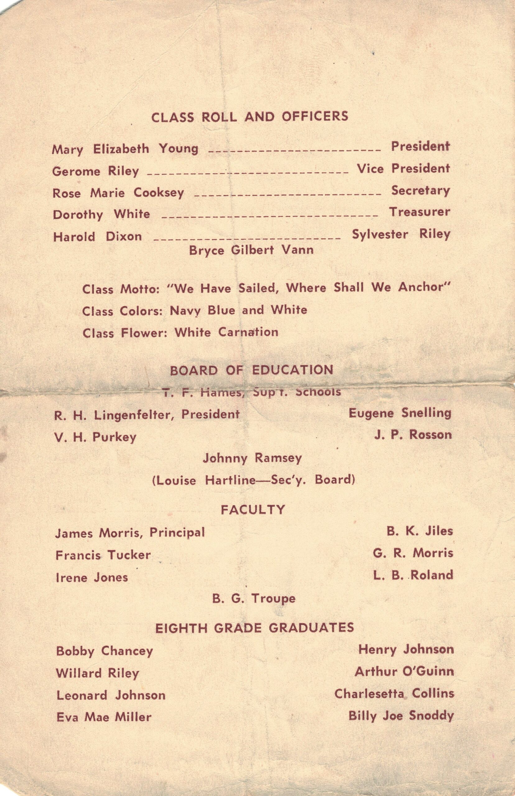 Back page of the 1953 Lincoln commencement program featuring graduating class information.