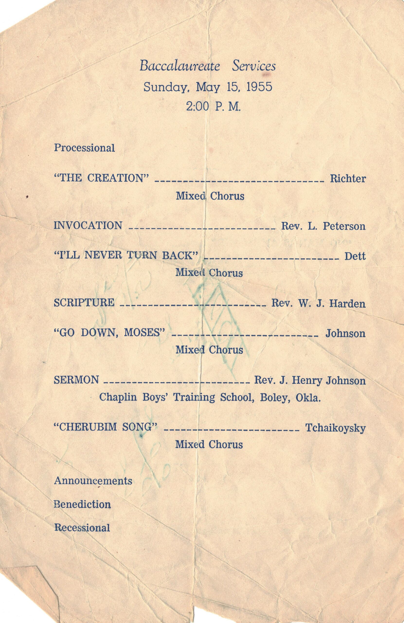 Second page of the 1955 Lincoln graduation program detailing the order of events for the baccalaureate services.