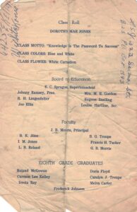 Backk page of the 1955 Lincoln graduation program detailing graduating class and board of education information.