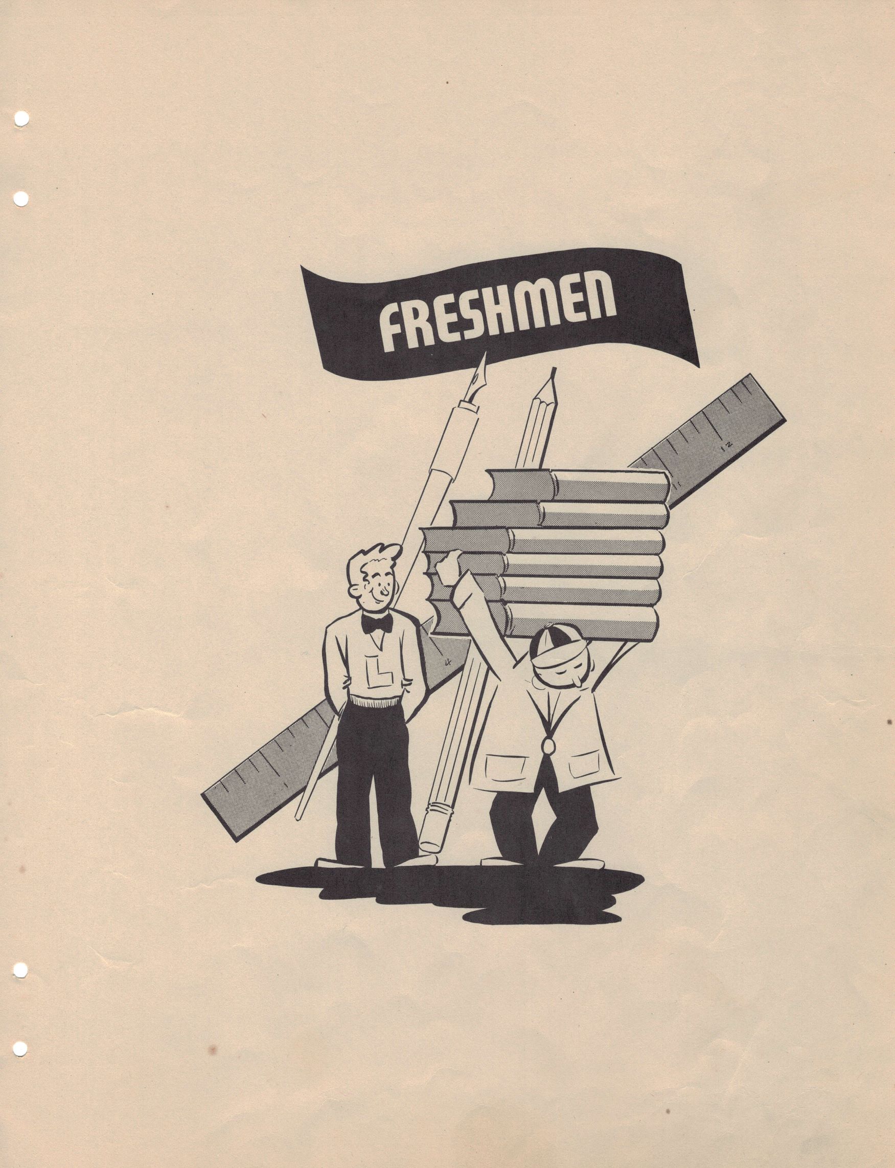 Graphic of man holding a stack of gigantic books on his shoulders with another man walking beside him in front of a graphic of a dip pen, a pencil, and a ruler, all under the heading "Freshmen"