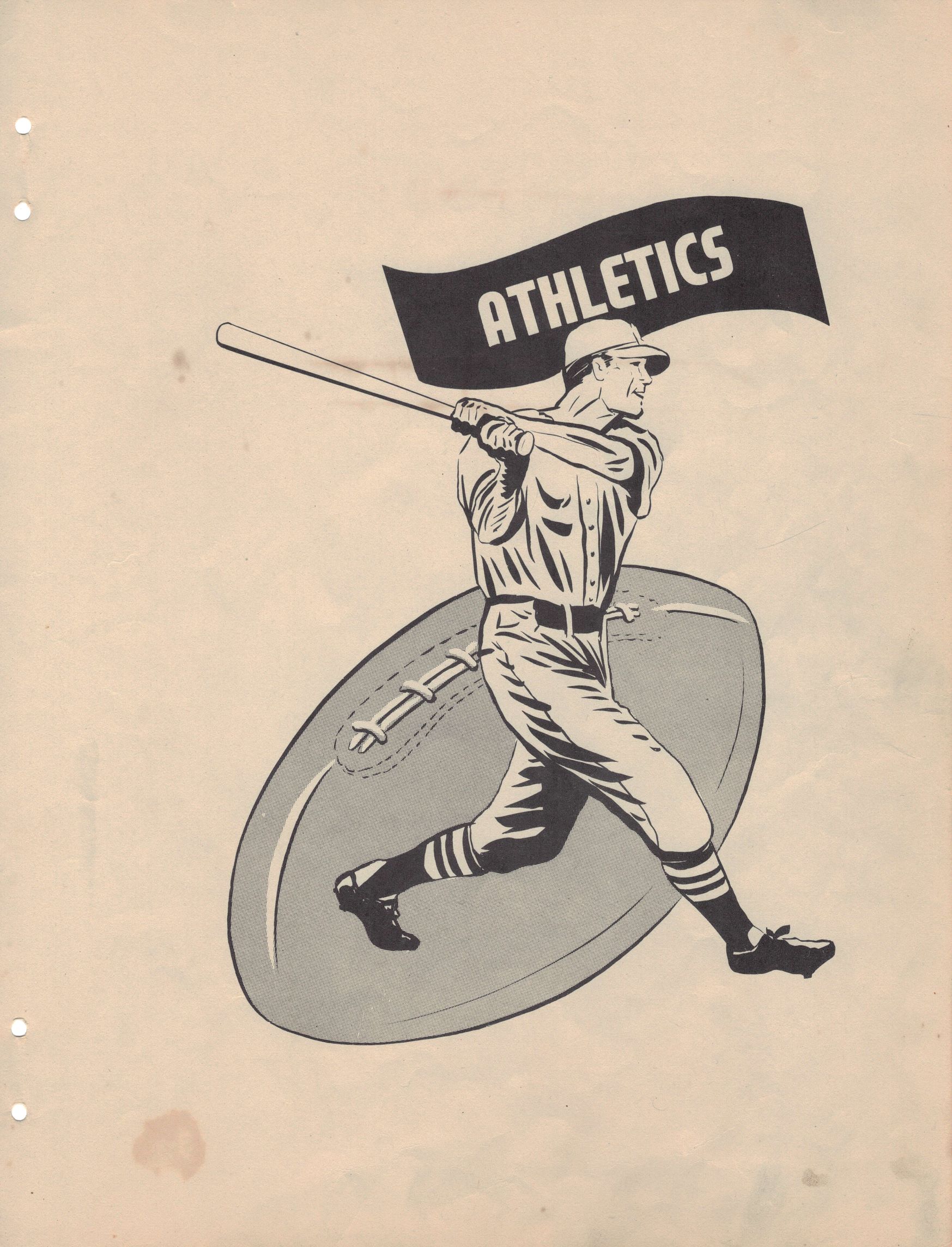 Graphic of a man in a baseball uniform swinging a baseball bat in front of a graphic of a football under the header "Athletics"