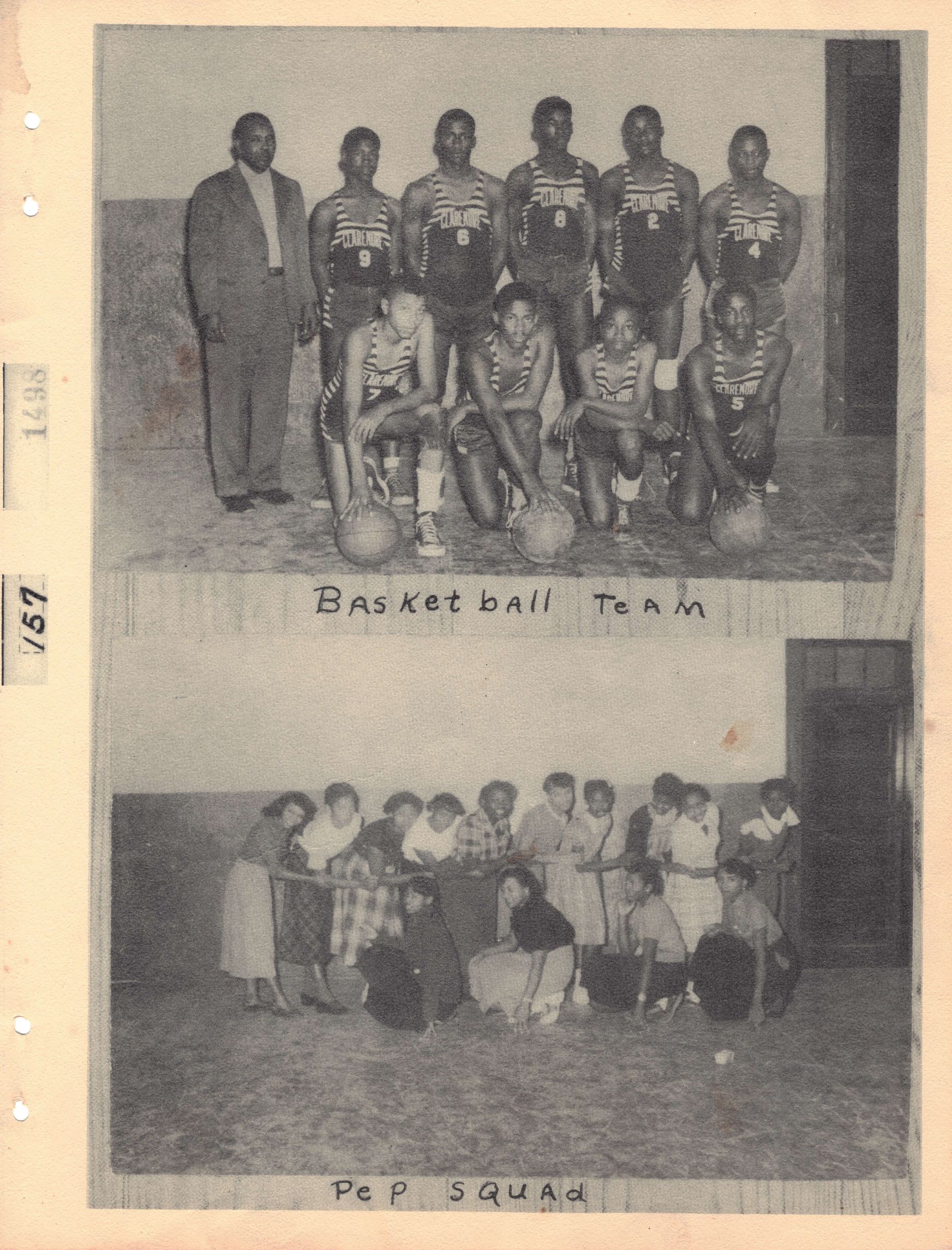 Group photograph of young men in basketball uniforms with basketballs above image of group of women with captions