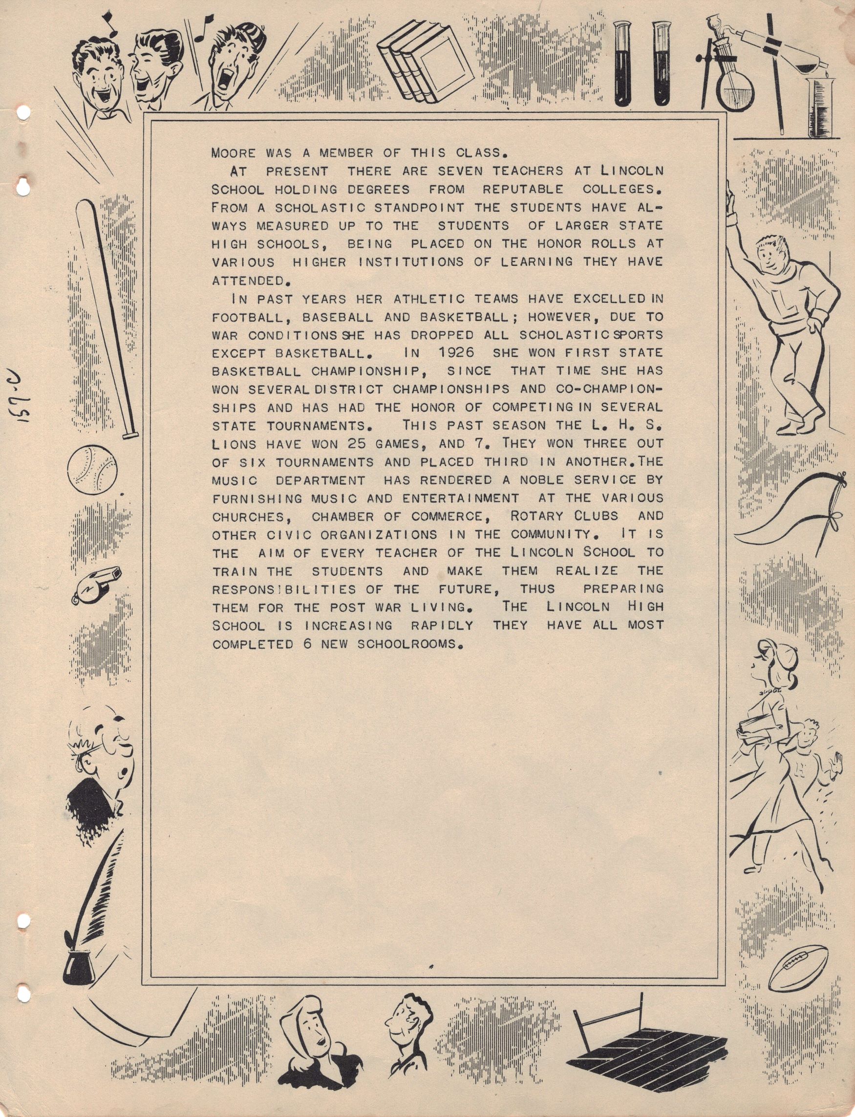 Second page of the Lincoln School yearbook with school activities border and text