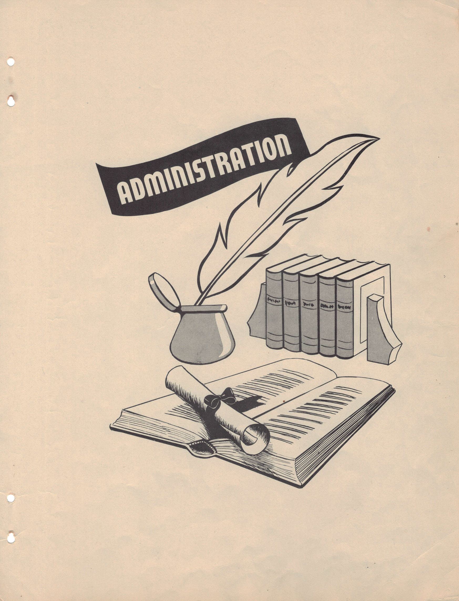 Graphic of open book with a scroll on top in front of set of books and ink pot with quill under the word "Administration"