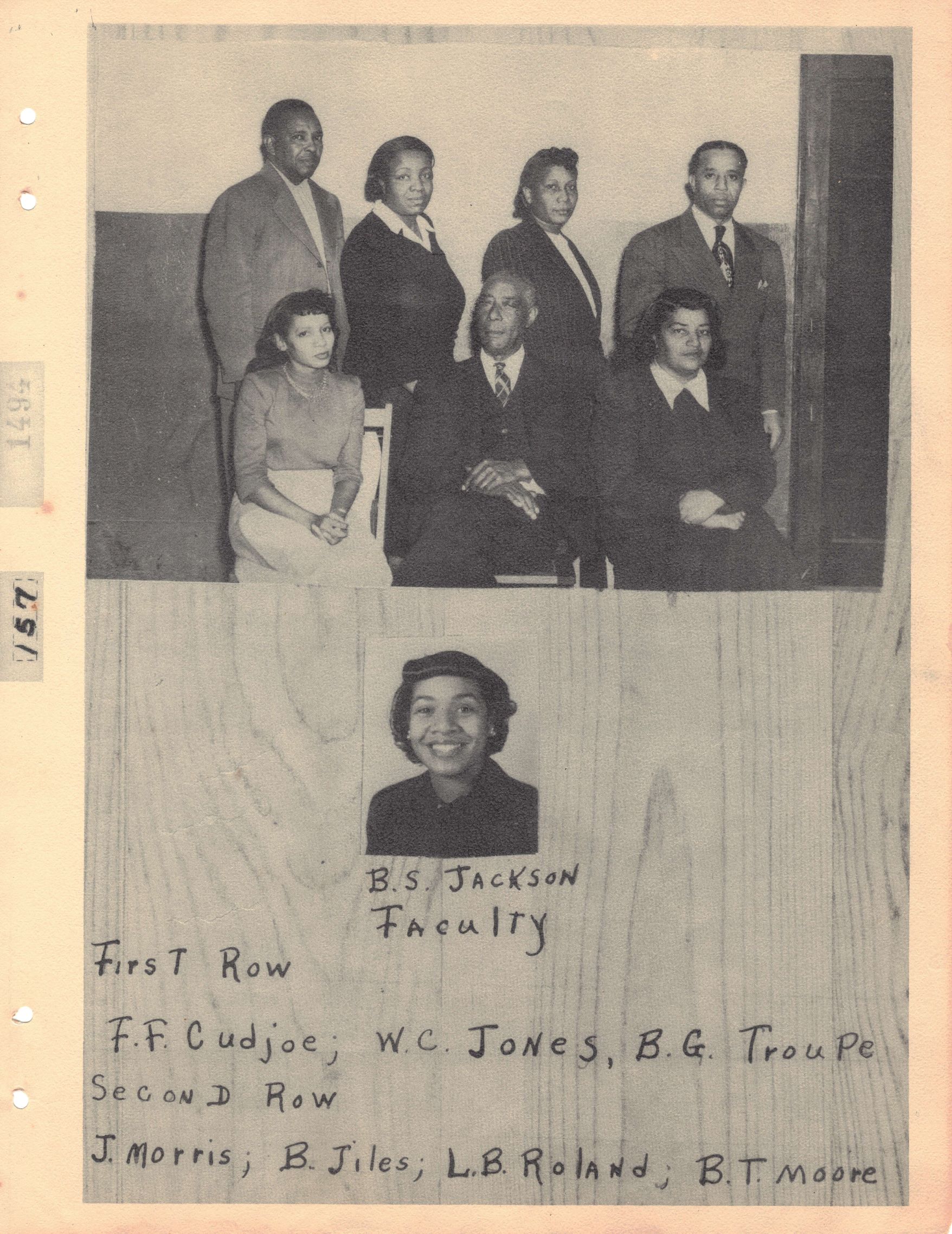 Group of people, four standing and three sitting, and headshot of woman