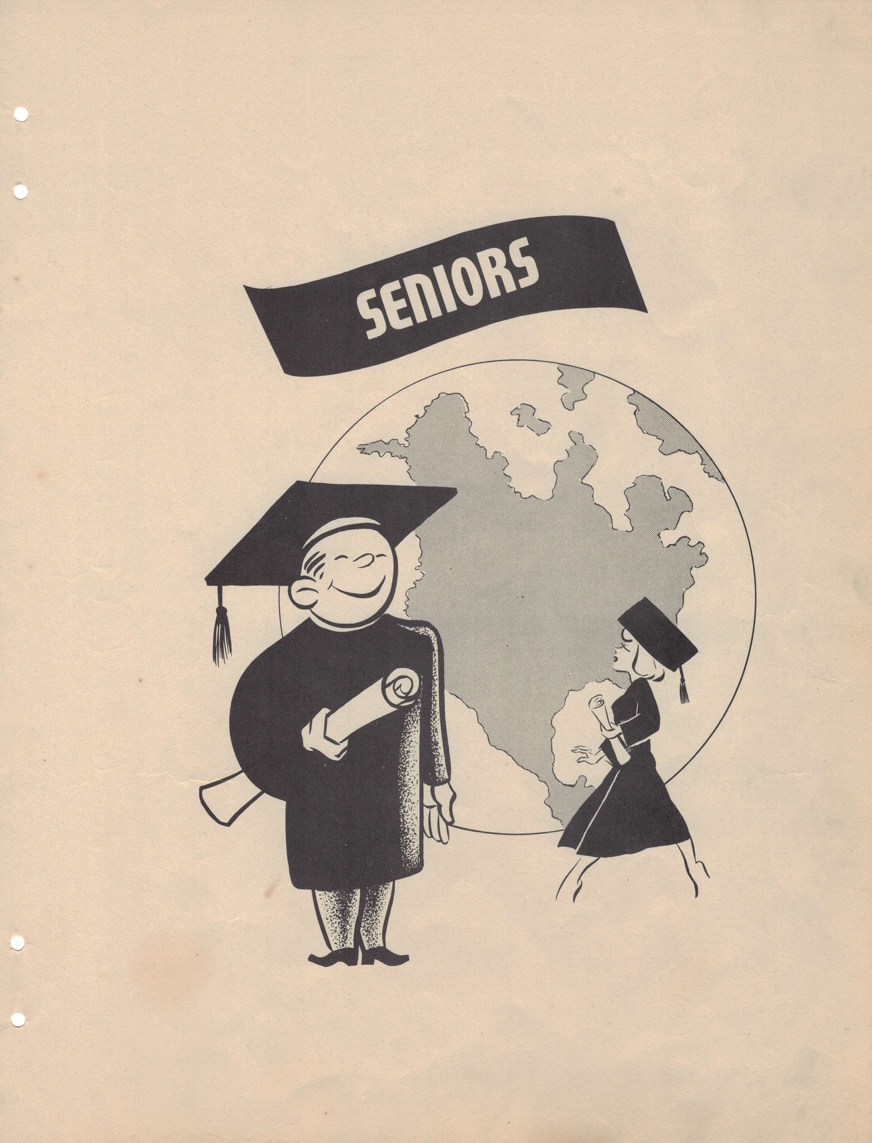 Graphic of man and woman in graduation regalia in front of world, under header "Seniors"