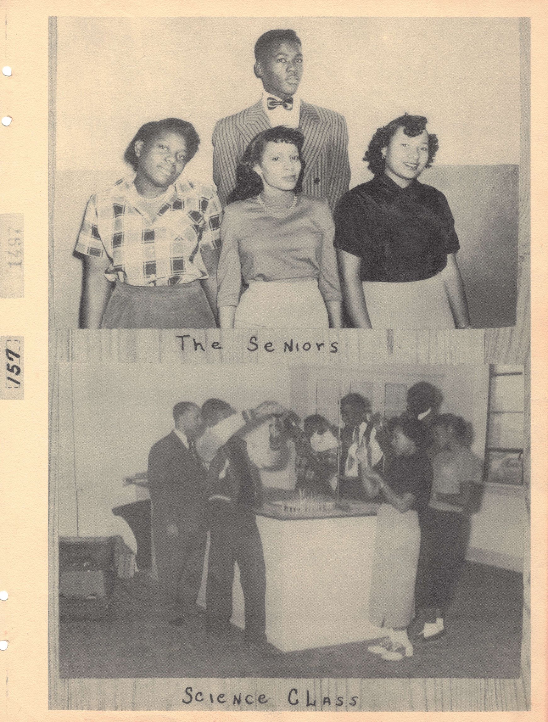 Group of three women and one man over the caption "The Seniors" and photograph of a group of students around a lab table using lab equipments labled "Science Class"