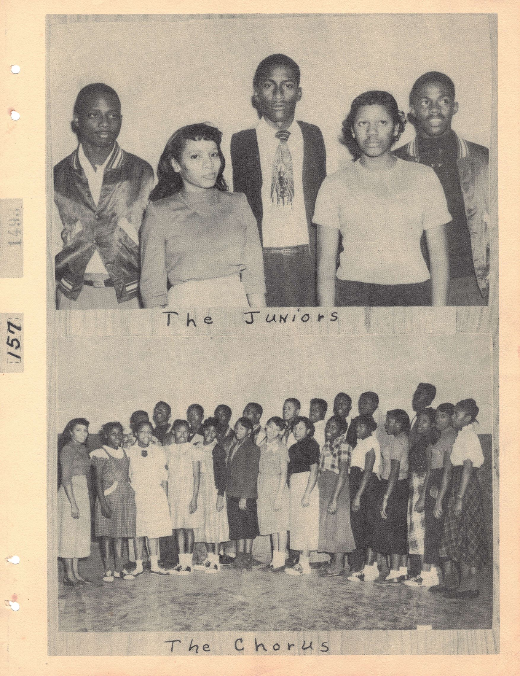 Picture of two women and three men labled "The Juniors" above a picture of a large group captioned "The Chorus"