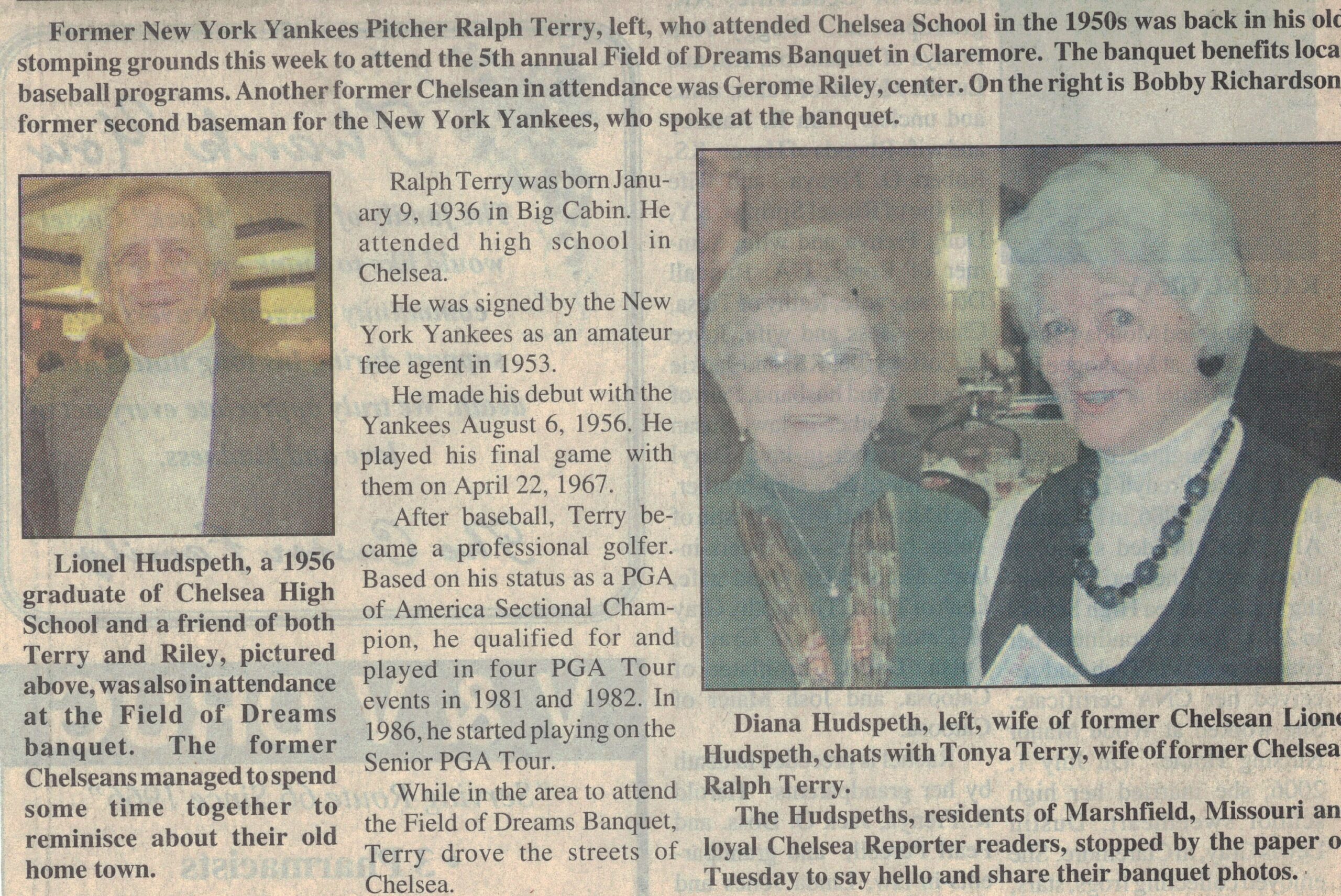 Article excerpt framed by picture of man on left and two women on right