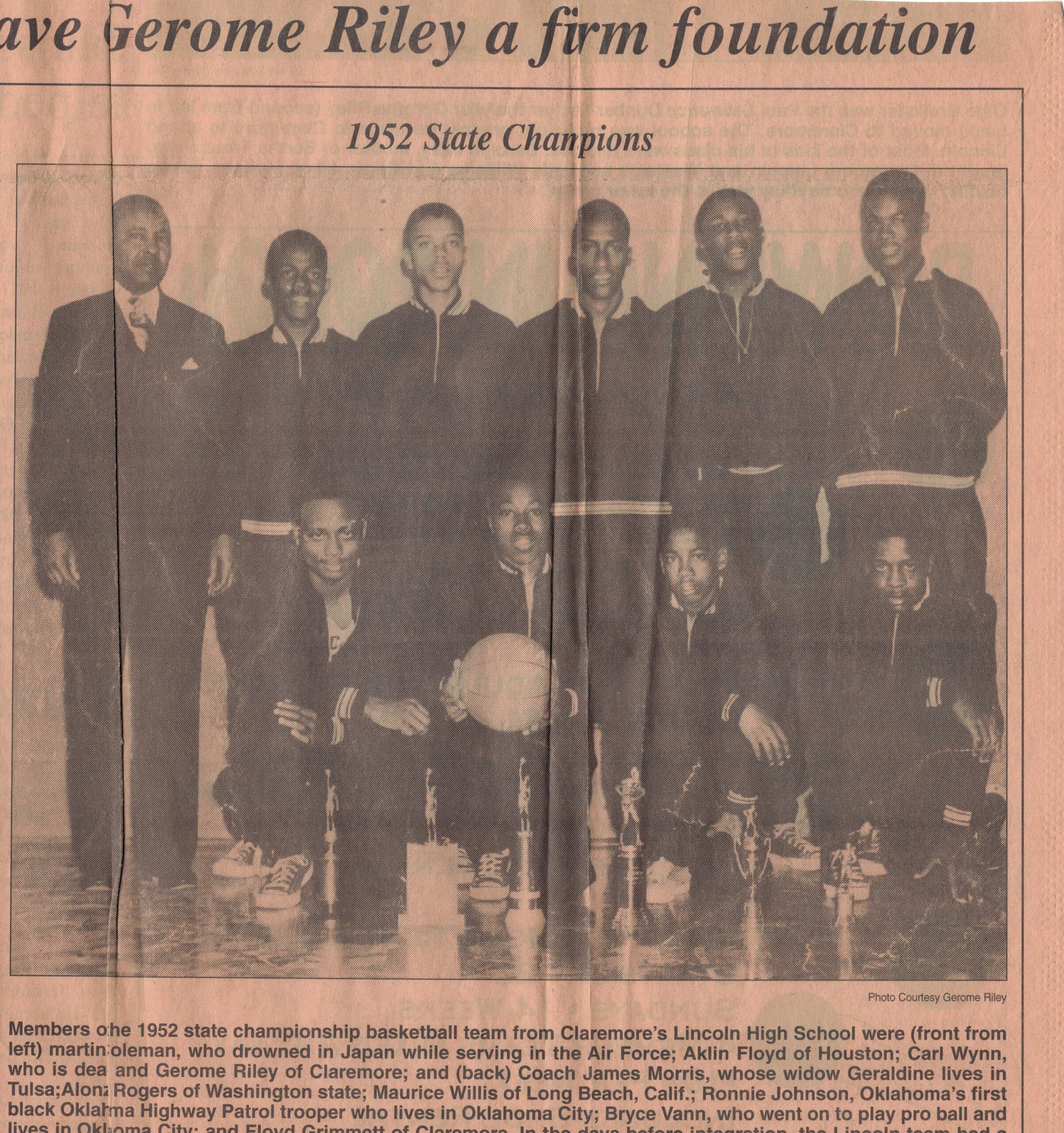 Photo of Black basketball team labeled "1952 State Champions" with article title and caption