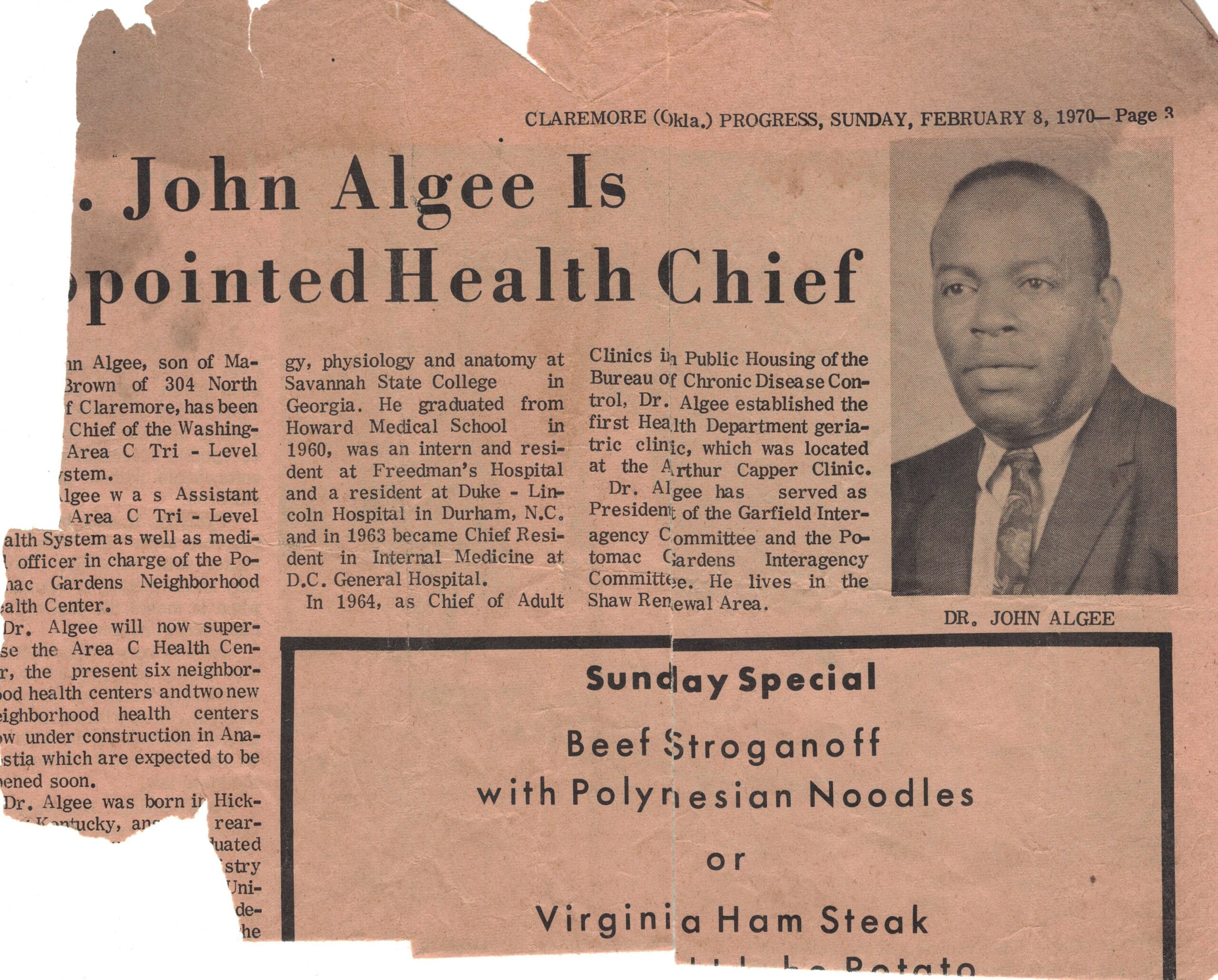 Damaged clipping about Dr. John Algee with newspaper header, picture, article title, and add.