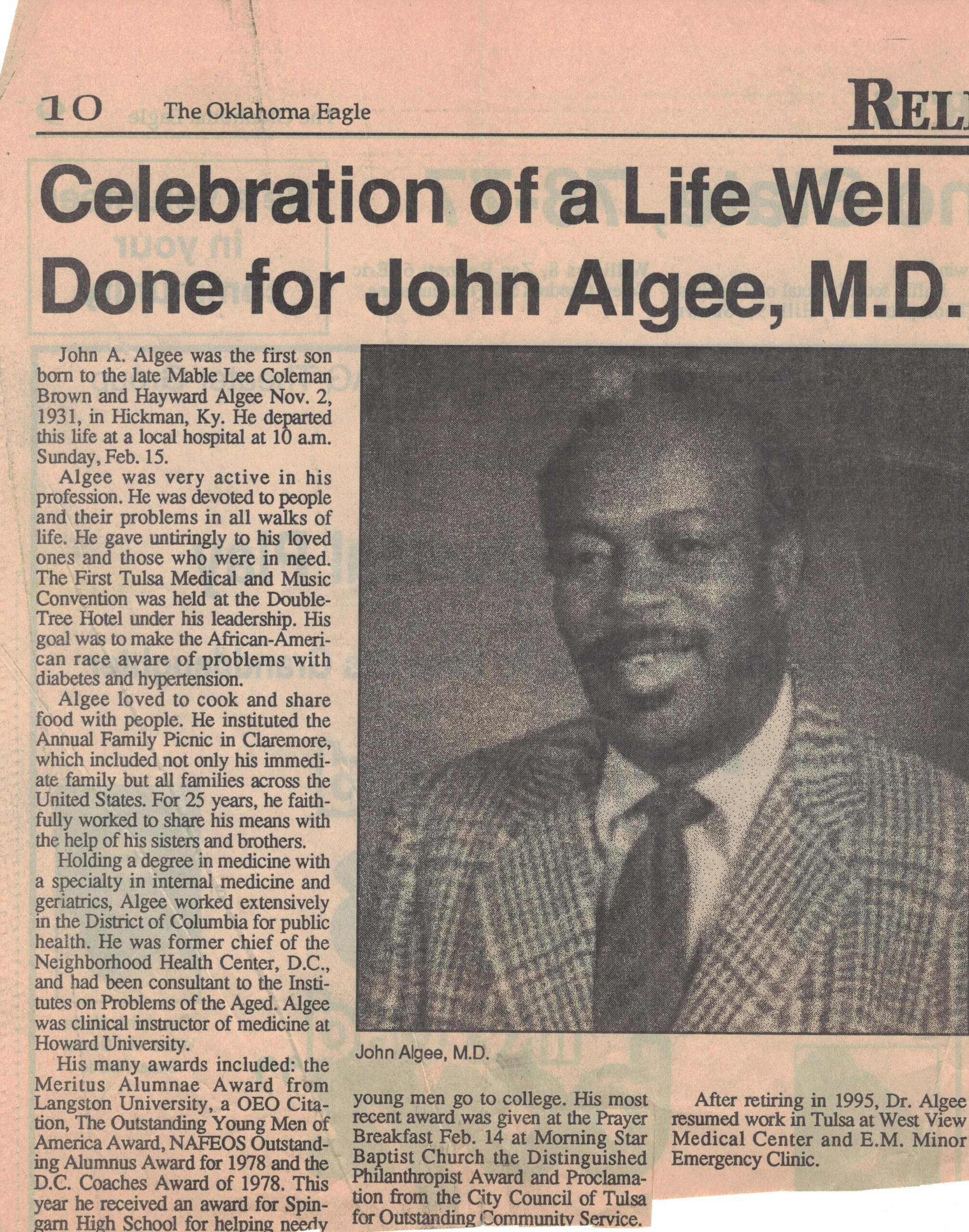 Obituary for Dr. John Algee with picture
